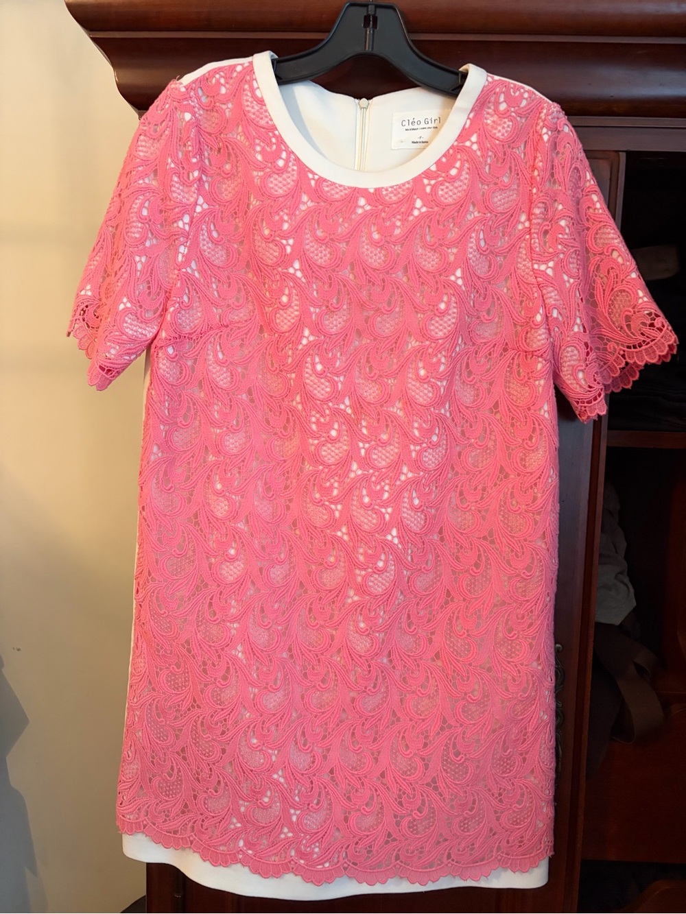 Bright Coral Lace Mini Dress with White Lining